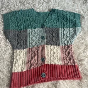Unique V-Neck Short Sleeve Button Down Pastel Color Block Cable Knit Cardigan